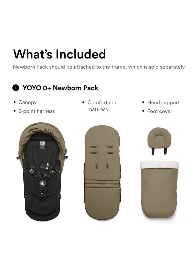 Stokke YOYO 0+ Newborn Pack, Flat-Lay Infant Nest with 5‑Point Harness and UPF 50+ Canopy, Folds Compact with Stroller Frame, Birth to 9 kg Lightweight Travel Solution, Toffee Color