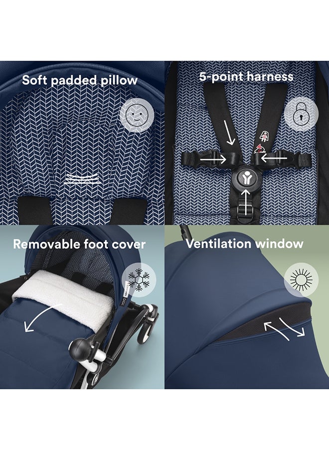 Stokke YOYO 0+ Newborn Pack, Compact Flat-Lay Infant Nest with 5‑Point Harness and UPF 50+ Canopy, Travel-Stroller Accessory, Air France Blue, Black Frame Sold Separately