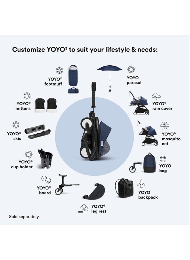 Stokke YOYO 0+ Newborn Pack, Compact Flat-Lay Infant Nest with 5‑Point Harness and UPF 50+ Canopy, Travel-Stroller Accessory, Air France Blue, Black Frame Sold Separately