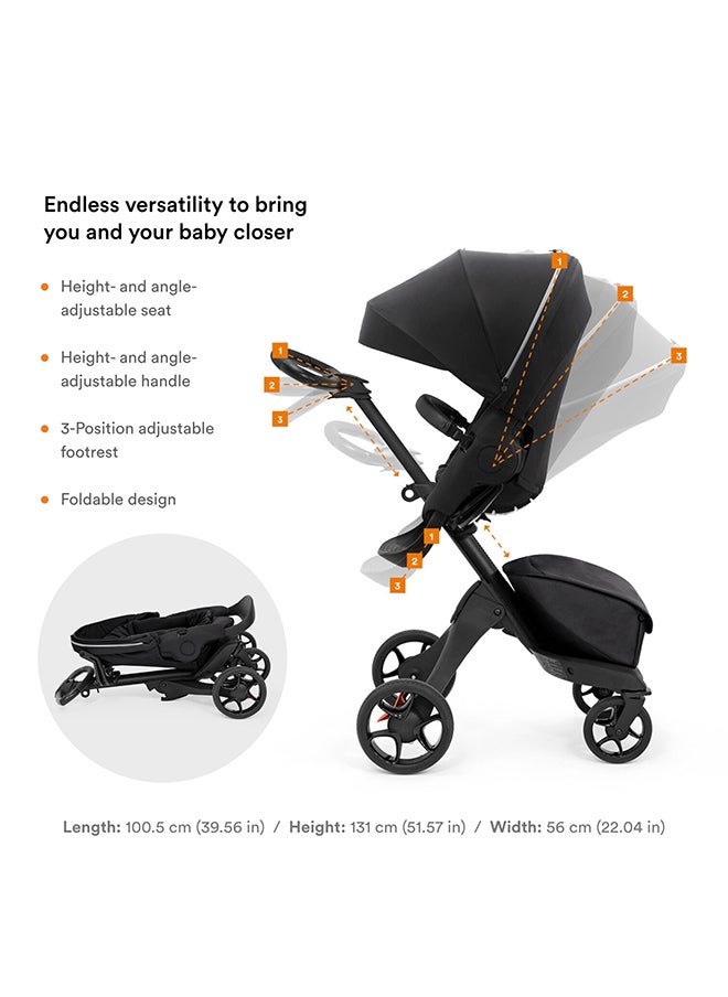 Stokke Xplory X Premium Stroller, Luxury High‑Seat Stroller for Newborn to 22 kg, 4‑Wheel Suspension, 5‑Point Harness, Adjustable Recline and Canopy, Rich Black