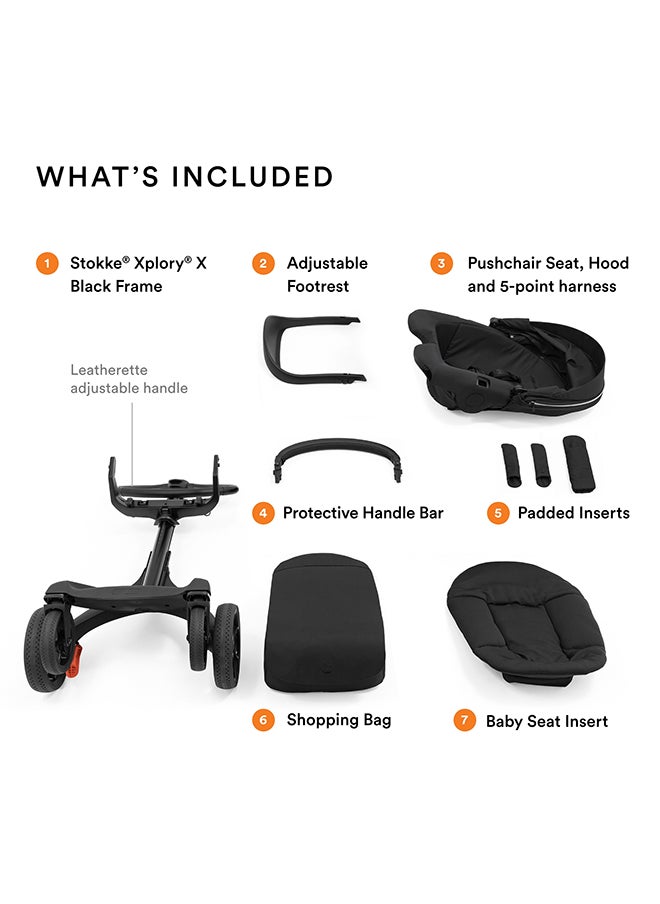 Stokke Xplory X Premium Stroller, Luxury High‑Seat Stroller for Newborn to 22 kg, 4‑Wheel Suspension, 5‑Point Harness, Adjustable Recline and Canopy, Rich Black