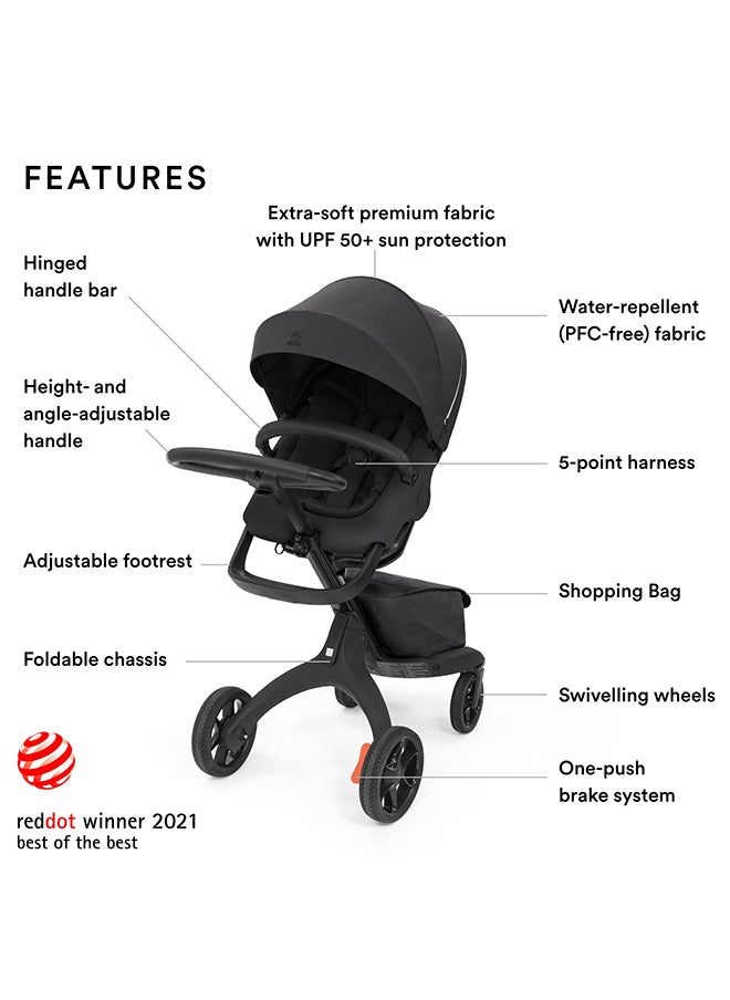 Stokke Xplory X Premium Stroller, Luxury High‑Seat Stroller for Newborn to 22 kg, 4‑Wheel Suspension, 5‑Point Harness, Adjustable Recline and Canopy, Rich Black