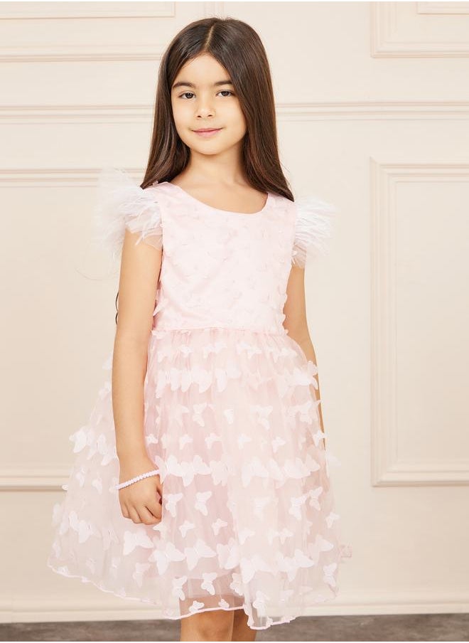 Butterfly Applique Faux Feather Ruffle Sleeves Sleeve V Back Skater Dress