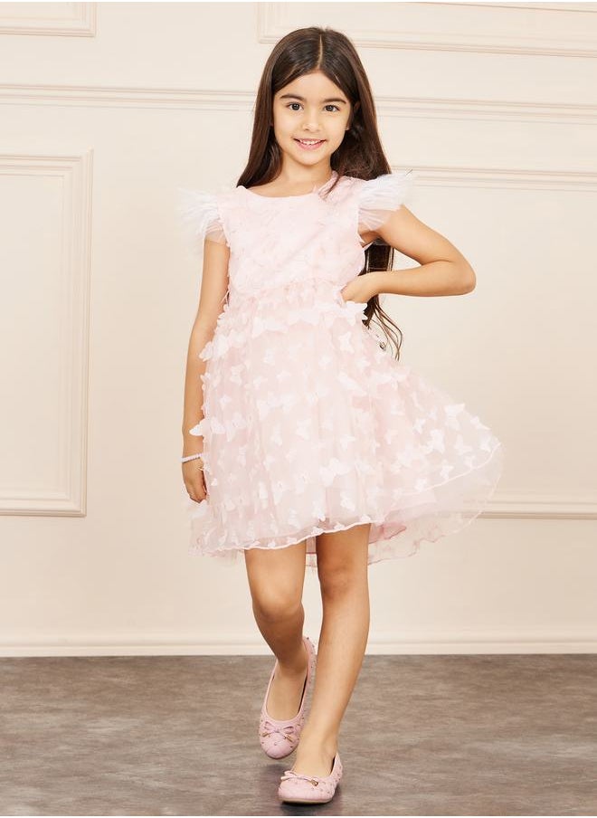 Butterfly Applique Faux Feather Ruffle Sleeves Sleeve V Back Skater Dress
