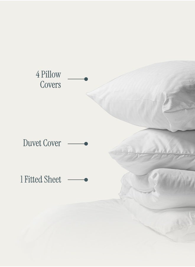 Premium Striped Duvet Set (6-Piece) White Stripe King Size (220x240 cm),Ultra-Soft & Wrinkle-Resistant | Includes 1 Duvet Cover, 1 Fitted Bedsheet & 4 Pillow Covers with Zipper Closures