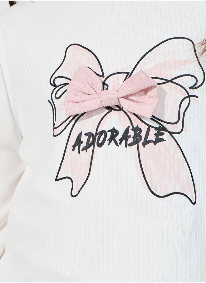 Bow Applique Top & Asymmetric Waist Pleated Skirt Set