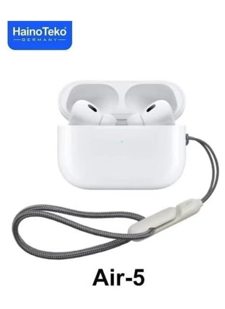 Air 5 Wireless In-Ear Bluetooth Earphones – High-Quality Sound, Comfortable Fit, Compatible with iPhone & Android – Sleek White Design, Long Battery Life