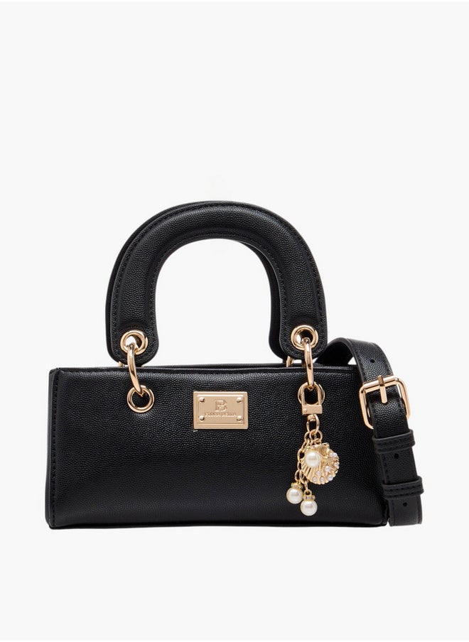 Textured Crossbody Bag with Detachable Strap and Charm Detail