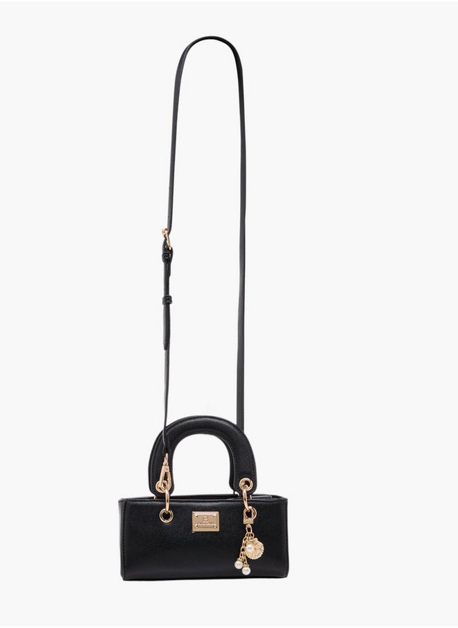 Textured Crossbody Bag with Detachable Strap and Charm Detail