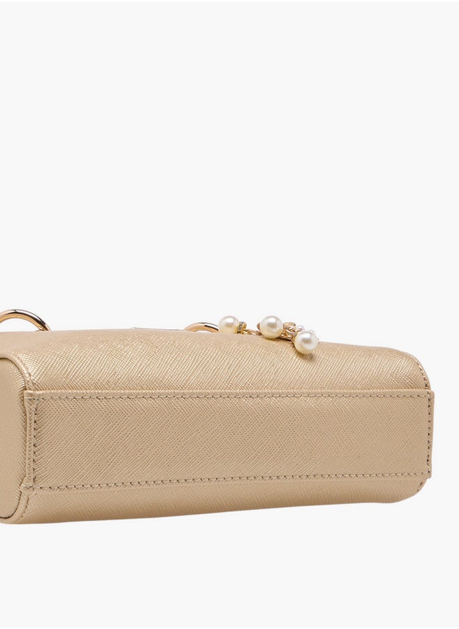 Textured Crossbody Bag with Detachable Strap and Charm Detail