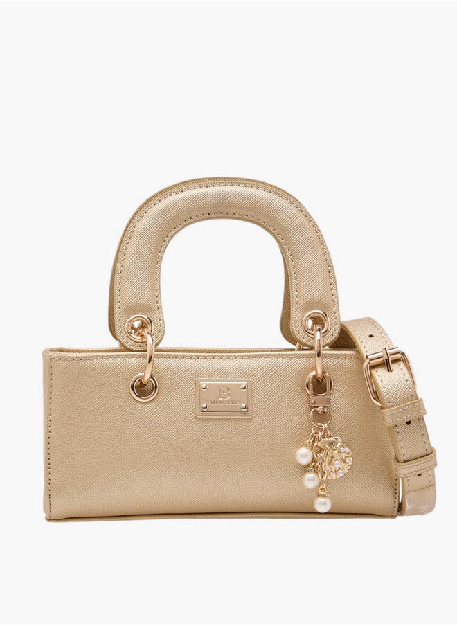 Textured Crossbody Bag with Detachable Strap and Charm Detail
