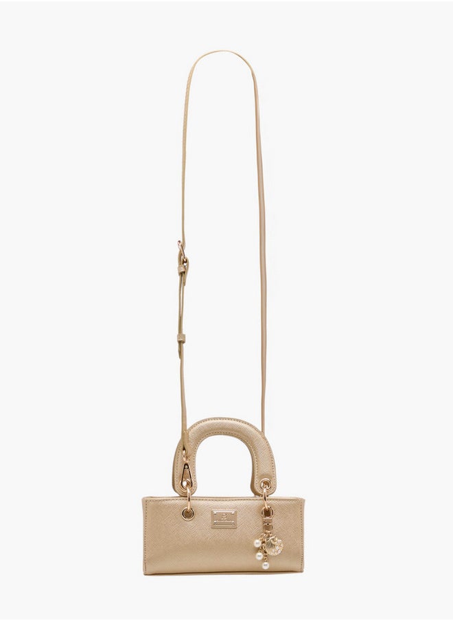 Textured Crossbody Bag with Detachable Strap and Charm Detail