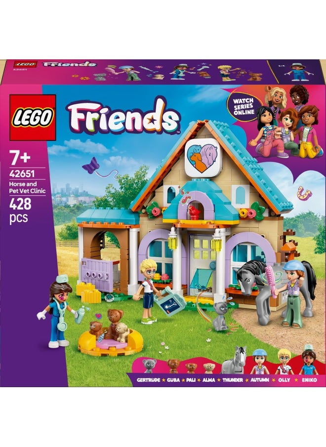 Friends Horse and Pet Vet Clinic Set for Kids, Animal Role-Play Toy with 3 Character Mini Dolls, plus Cat & Dog Figures, Birthday Gift for 6+ Year Old Girls 42651 (428 pieces)