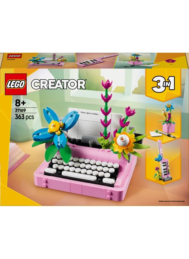 Creator 3in1 Typewriter with Flowers Toy - Transforms into a Keytar Model or a Flowerpot with Pen & Notebook - Building Set for 8+ Year Old Girls & Boys - Creative Birthday Gift - 31169 (363 pieces)