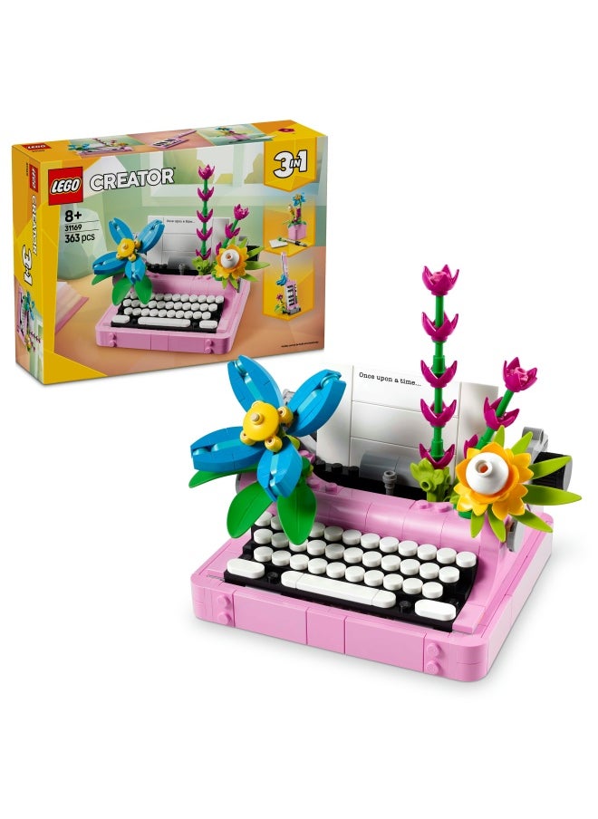 Creator 3in1 Typewriter with Flowers Toy - Transforms into a Keytar Model or a Flowerpot with Pen & Notebook - Building Set for 8+ Year Old Girls & Boys - Creative Birthday Gift - 31169 (363 pieces)
