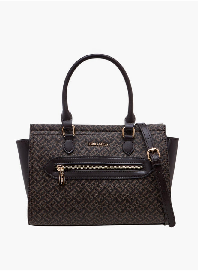 Monogram Print Tote Bag with Double Handle and Zip Closure