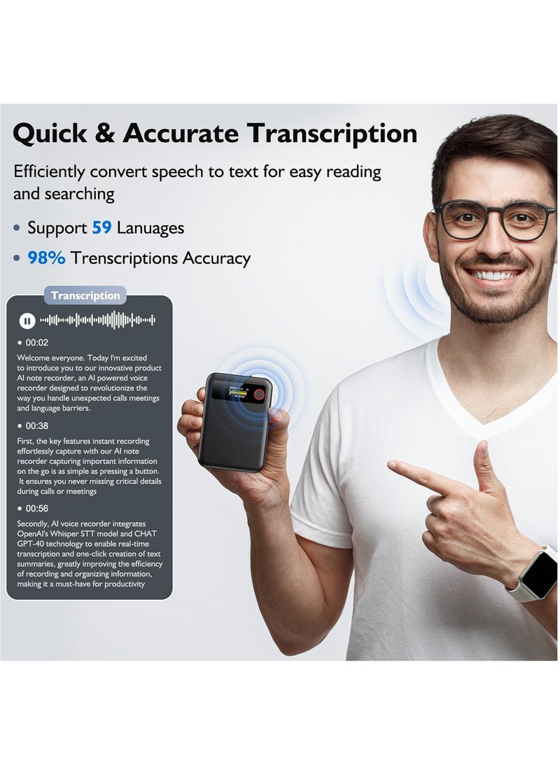 AI Voice Recorder with Transcription Summarize - Magnetic Note Audio Recording Device with Playback for Phone Calls Lectures Meetings Interviews, APP Control Support 104 Languages Noise Reduction 64GB Memory