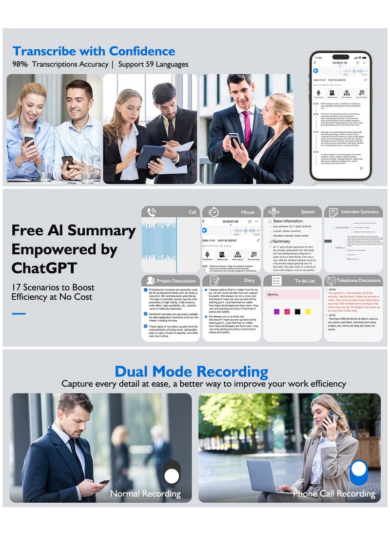 AI Voice Recorder with Transcription Summarize - Magnetic Note Audio Recording Device with Playback for Phone Calls Lectures Meetings Interviews, APP Control Support 104 Languages Noise Reduction 64GB Memory