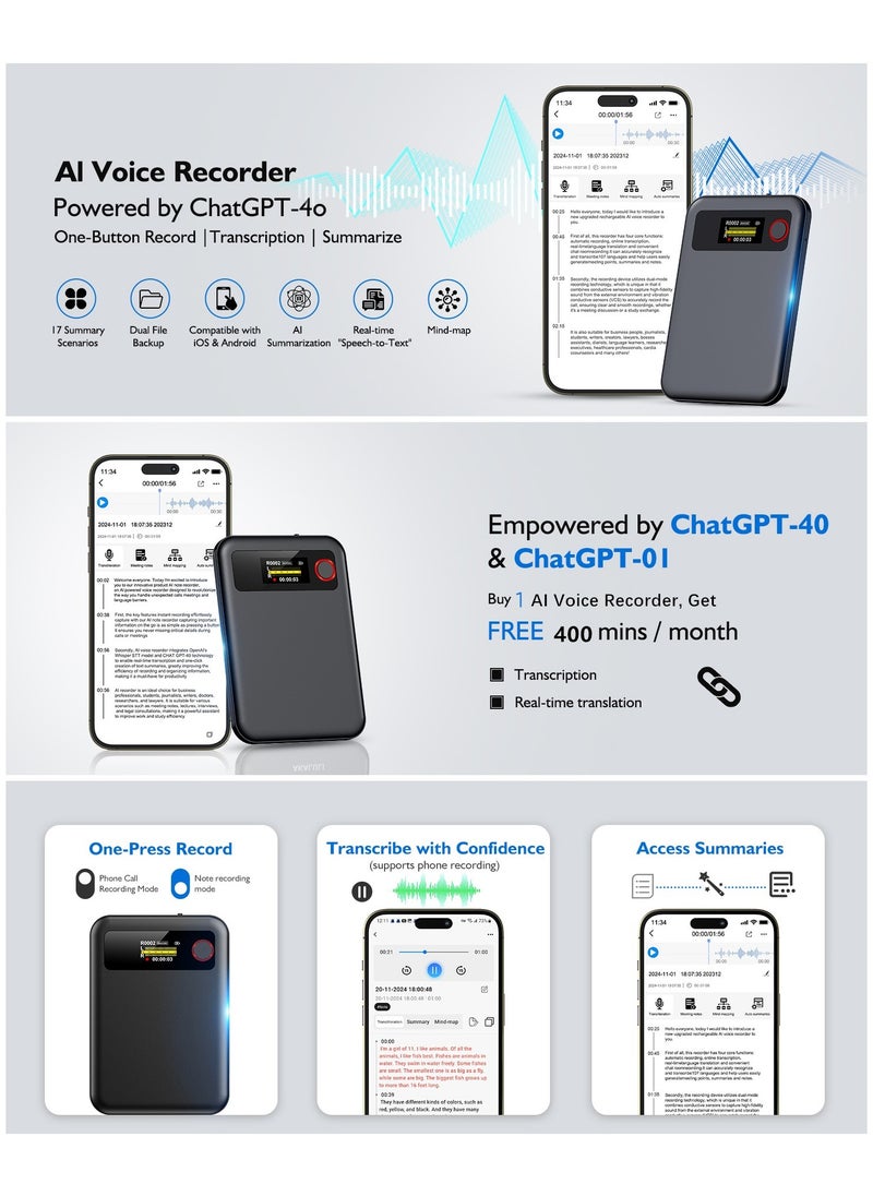 AI Voice Recorder with Transcription Summarize - Magnetic Note Audio Recording Device with Playback for Phone Calls Lectures Meetings Interviews, APP Control Support 104 Languages Noise Reduction 64GB Memory