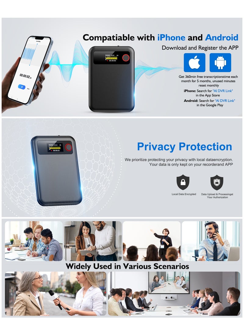 AI Voice Recorder with Transcription Summarize - Magnetic Note Audio Recording Device with Playback for Phone Calls Lectures Meetings Interviews, APP Control Support 104 Languages Noise Reduction 64GB Memory