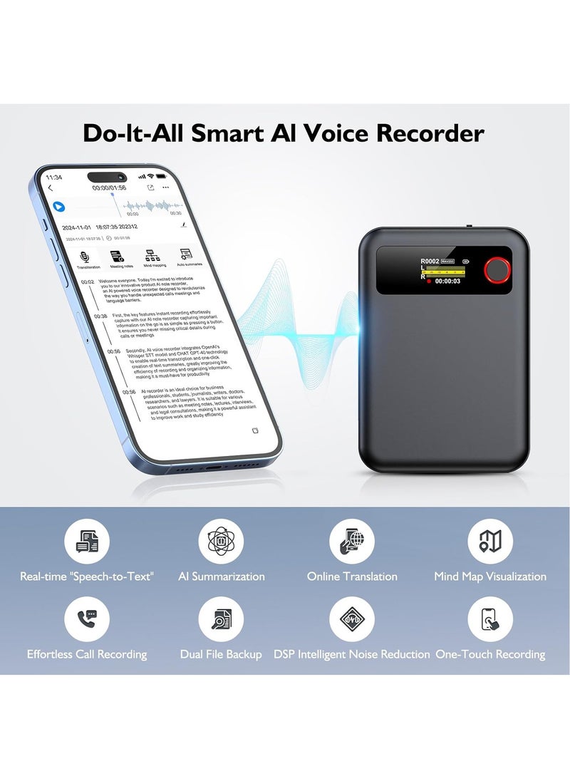 AI Voice Recorder with Transcription Summarize - Magnetic Note Audio Recording Device with Playback for Phone Calls Lectures Meetings Interviews, APP Control Support 104 Languages Noise Reduction 64GB Memory