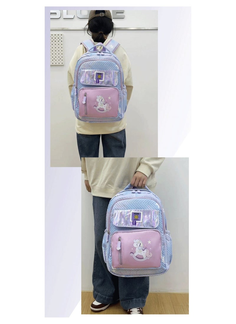 Cute and Childlike Backpack With Pony Prints For Primary and Secondary School Students, Large Capacity, Load-reducing Oxford Cloth Back-protecting Backpack 30*43*15cm