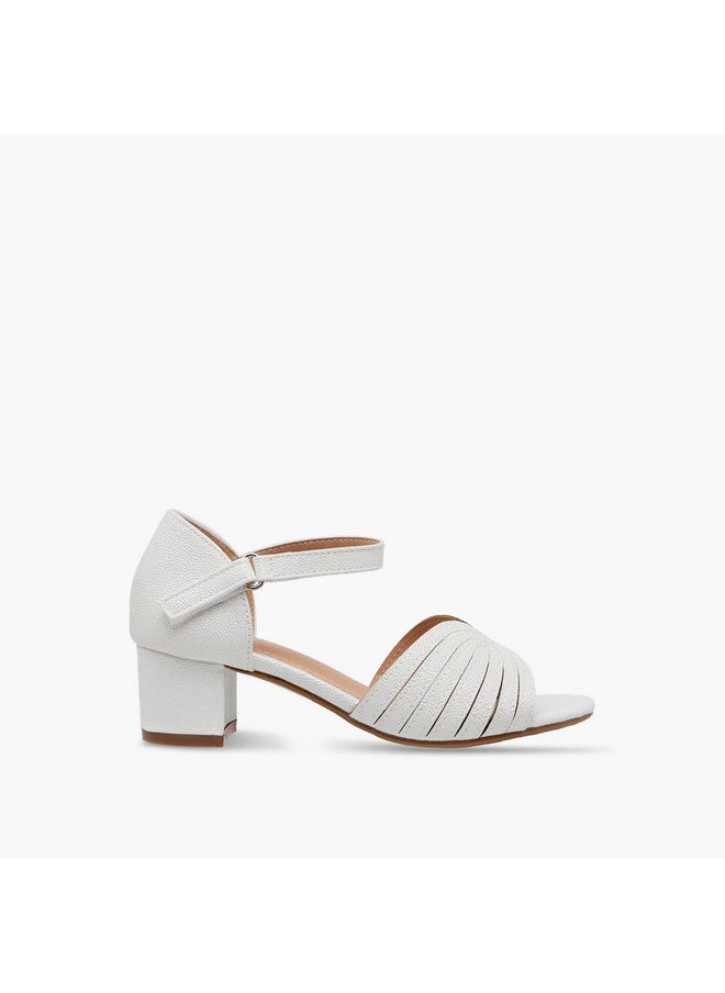 Girls Textured Block Heel Sandals with Hook and Loop Closure