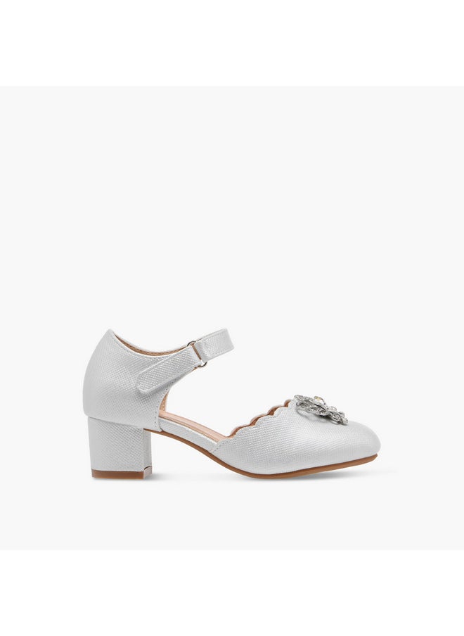Girls Embellished Block Heel Shoes with Hook and Loop Closure