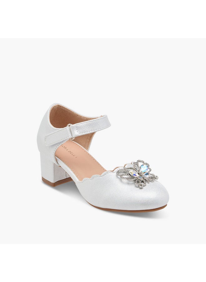 Girls Embellished Block Heel Shoes with Hook and Loop Closure