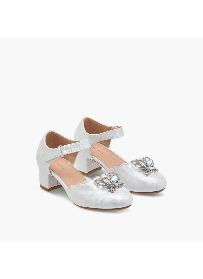 Girls Embellished Block Heel Shoes with Hook and Loop Closure