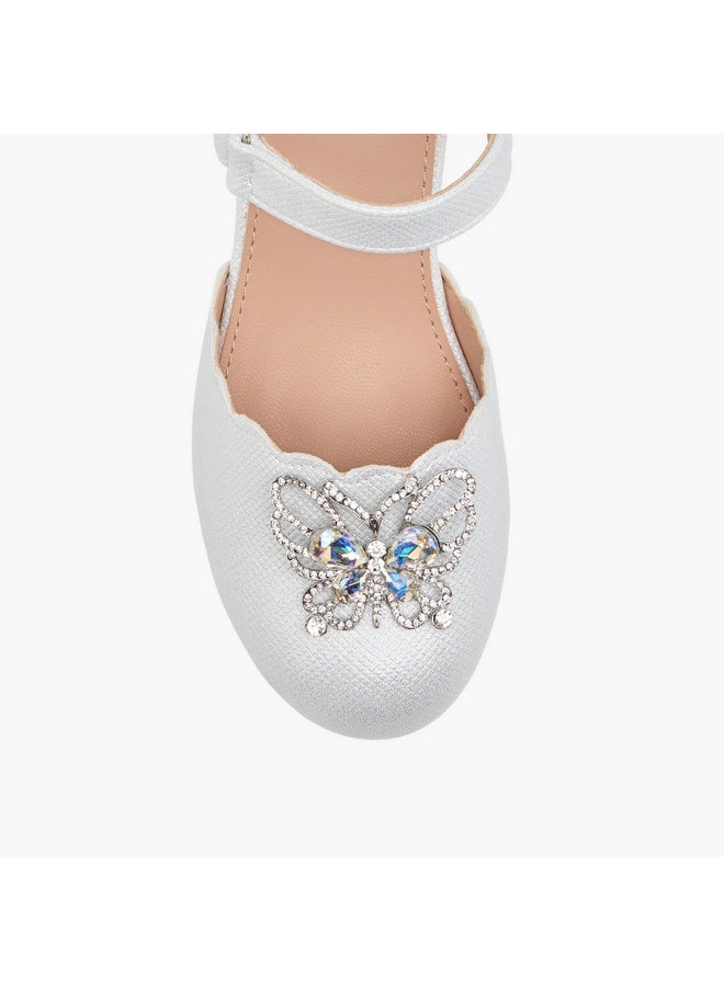 Girls Embellished Block Heel Shoes with Hook and Loop Closure