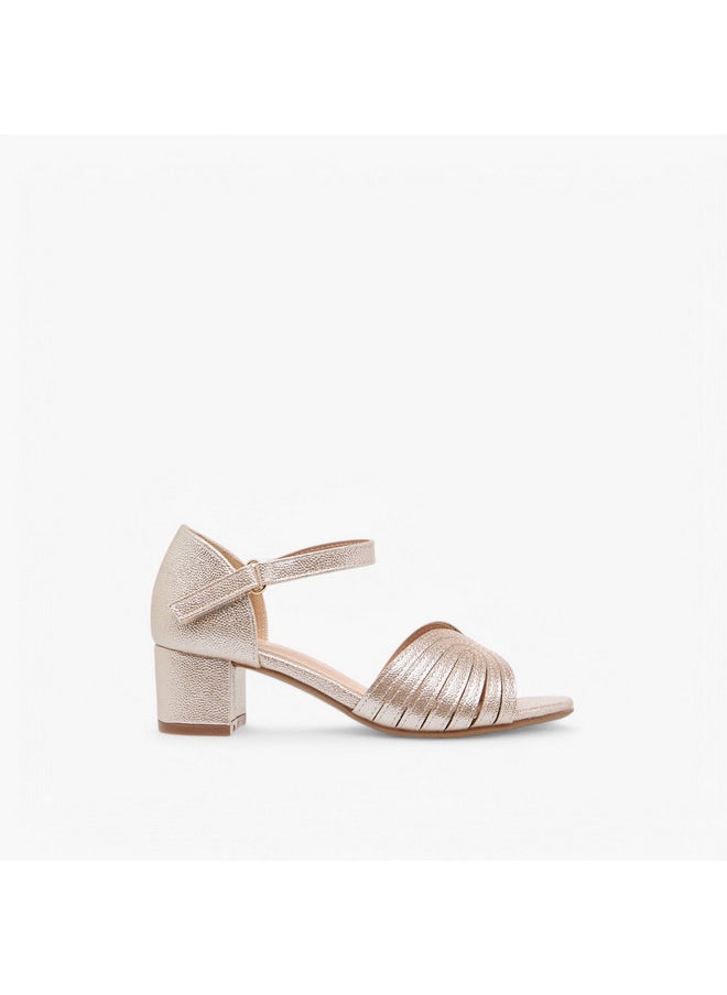 Girls Textured Block Heel Sandals with Hook and Loop Closure