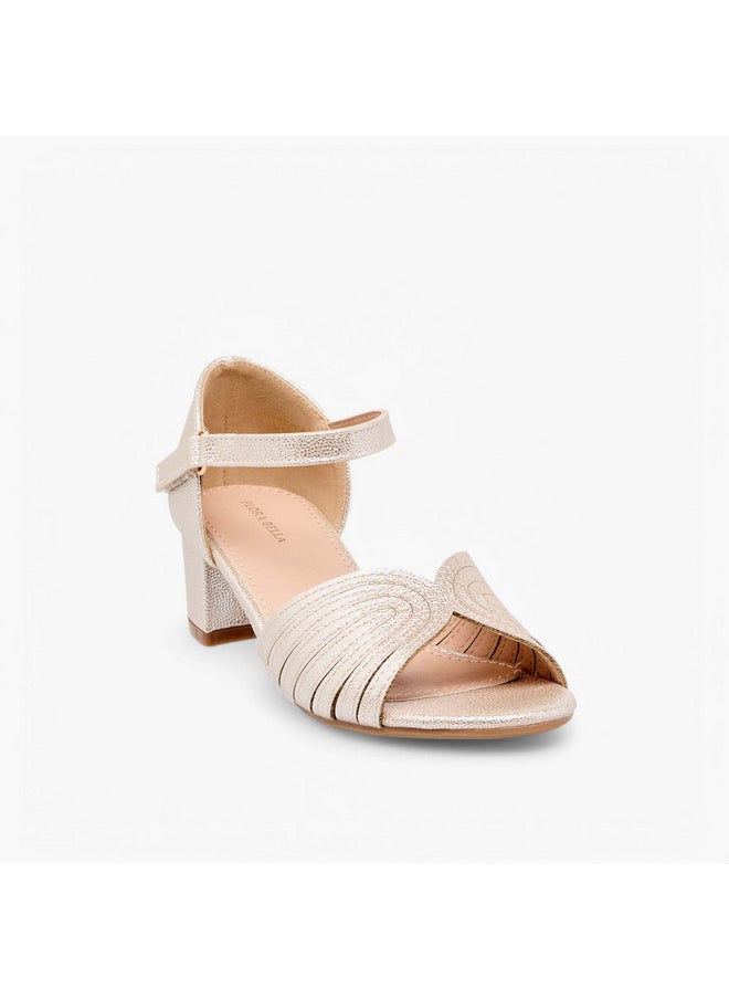 Girls Textured Block Heel Sandals with Hook and Loop Closure