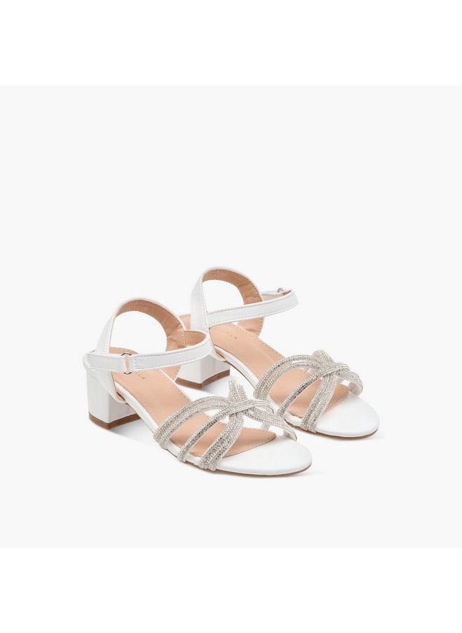 Girls Embellished Block Heel Sandals with Hook and Loop Closure