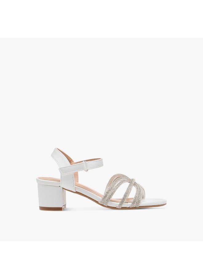 Girls Embellished Block Heel Sandals with Hook and Loop Closure