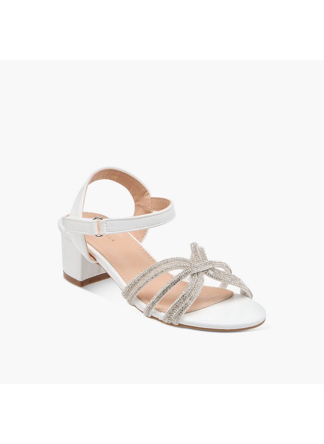 Girls Embellished Block Heel Sandals with Hook and Loop Closure