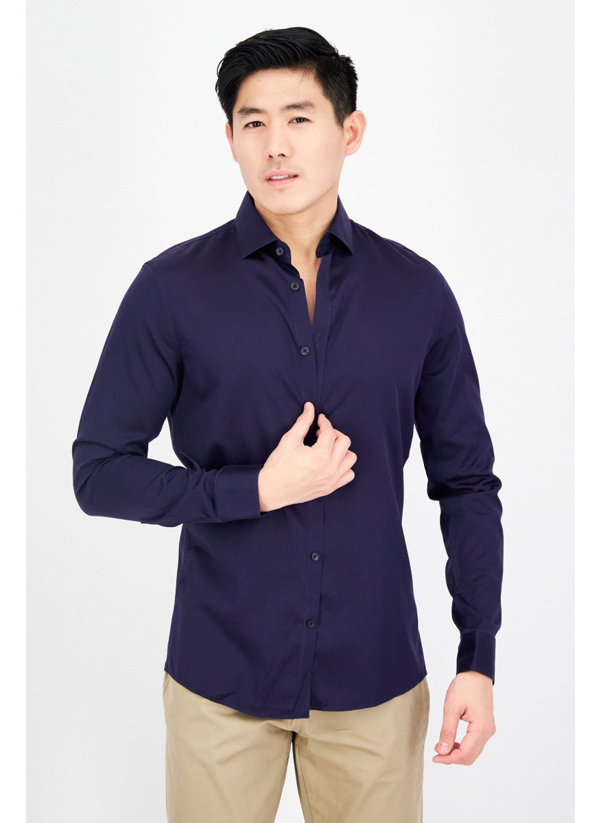 Men Slim Fit Solid Long Sleeves Casual Shirt, Blue