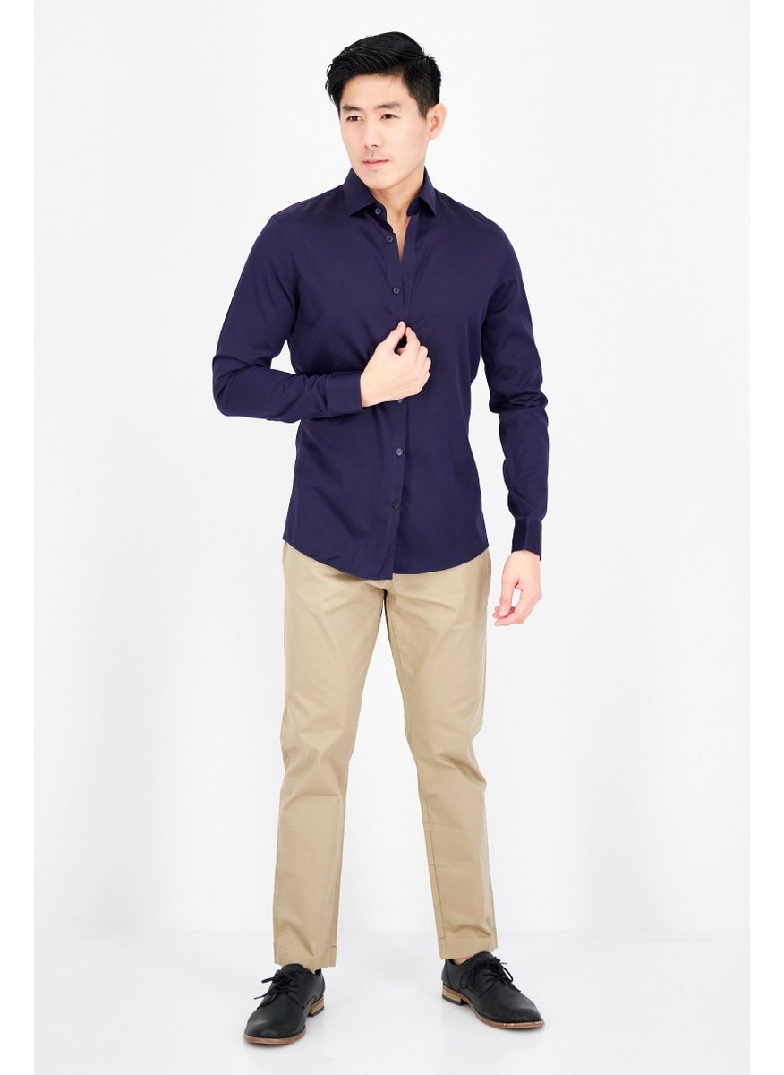 Men Slim Fit Solid Long Sleeves Casual Shirt, Blue