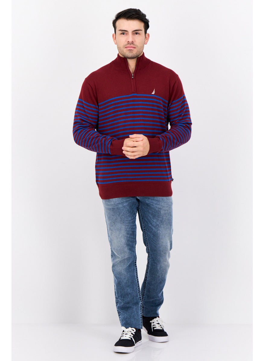 Men High Neck Stripe Long Sleeve Sweater, Multicolor