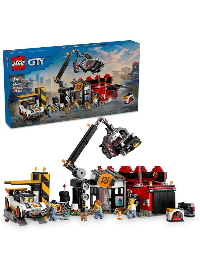 City Scrapyard with Cars - Construction Toy with Crusher, Crane, 2 Car Toys, 4 Worker Minifigures & an Office Building - Birthday Gifts for 8+ Year Old Boys & Girls - 60472 (871 pieces)
