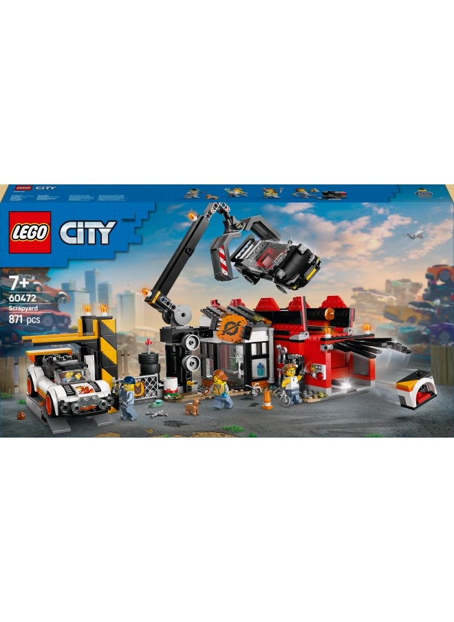 City Scrapyard with Cars - Construction Toy with Crusher, Crane, 2 Car Toys, 4 Worker Minifigures & an Office Building - Birthday Gifts for 8+ Year Old Boys & Girls - 60472 (871 pieces)