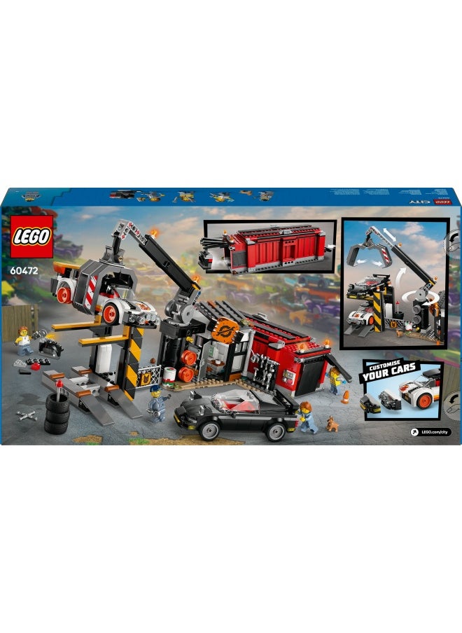 City Scrapyard with Cars - Construction Toy with Crusher, Crane, 2 Car Toys, 4 Worker Minifigures & an Office Building - Birthday Gifts for 8+ Year Old Boys & Girls - 60472 (871 pieces)