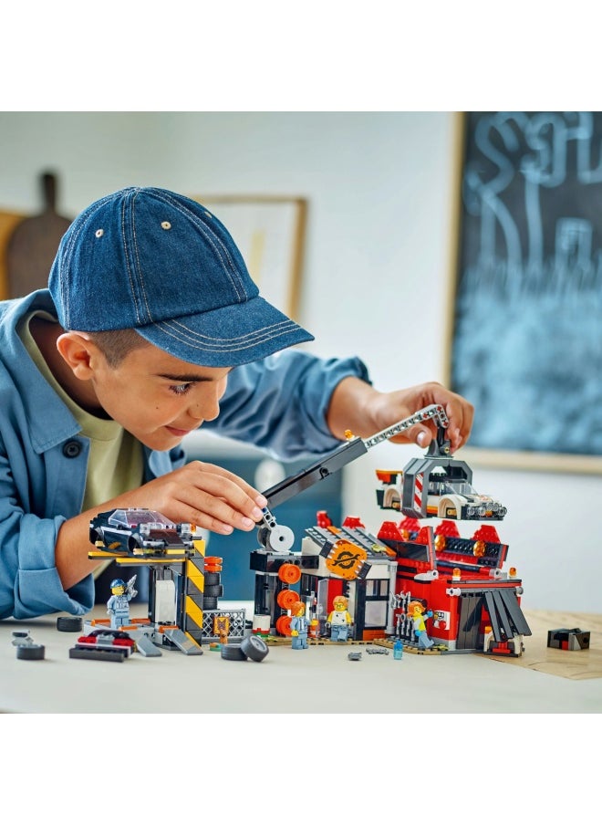 City Scrapyard with Cars - Construction Toy with Crusher, Crane, 2 Car Toys, 4 Worker Minifigures & an Office Building - Birthday Gifts for 8+ Year Old Boys & Girls - 60472 (871 pieces)