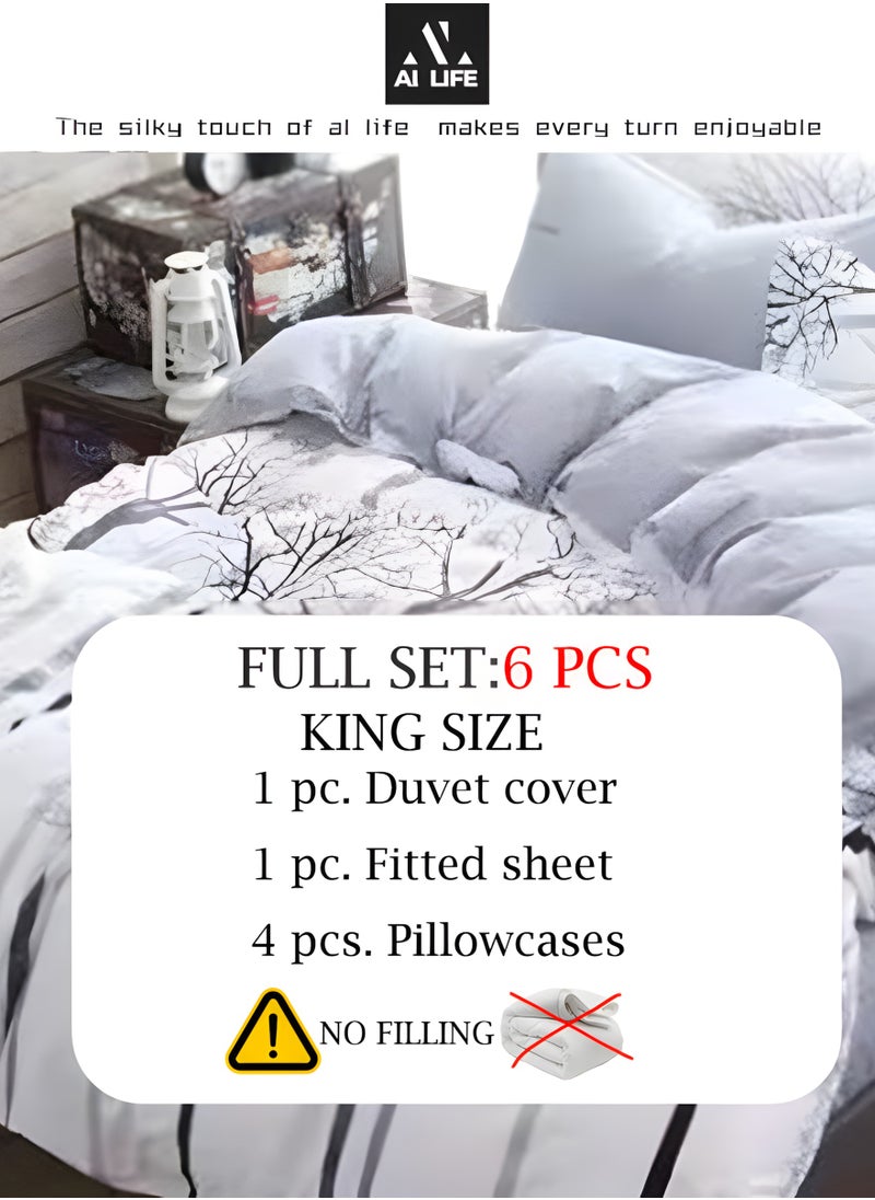 AI LIFE Super King Size 6-Pieces Bedsheet, 1x Duvet Cover 220x240cm, 1x Fitted Sheet 200*230+25 cm 4x Pillow Cover 48*74 cm-White