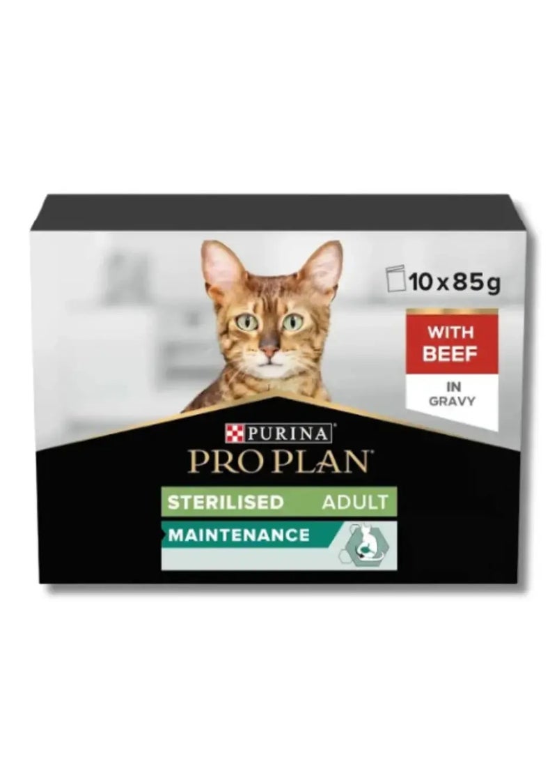 PRO PLAN STERILISED WET BEEF CAT FOOD IN GRAVY MULTIPACK 10X85G