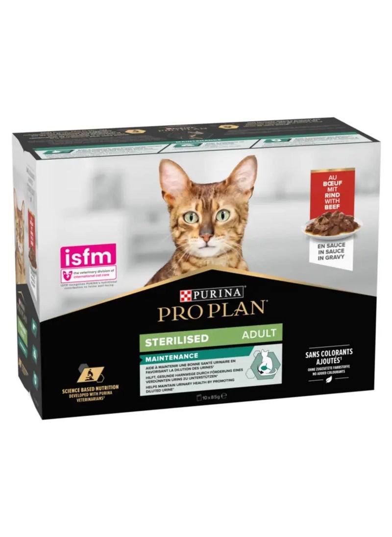 PRO PLAN STERILISED WET BEEF CAT FOOD IN GRAVY MULTIPACK 10X85G