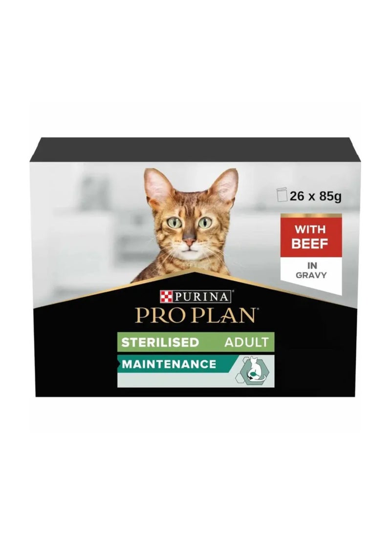 PRO PLAN STERILISED WET CAT FOOD WITH BEEF GRILLED IN GRAVY 26 x 85G