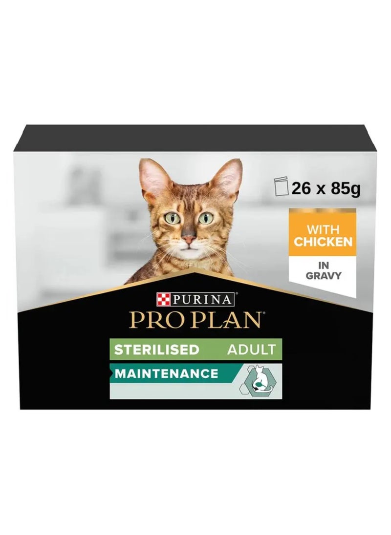 PRO PLAN STERILISED ADULT WET CAT FOOD WITH CHICKEN GRILLED IN GRAVY 26X85G