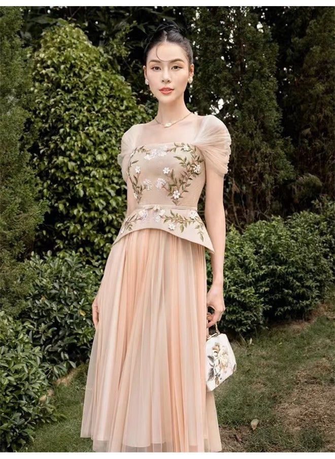 Elegant Mesh Dress with 3D Embroidery and Beaded Floral Details