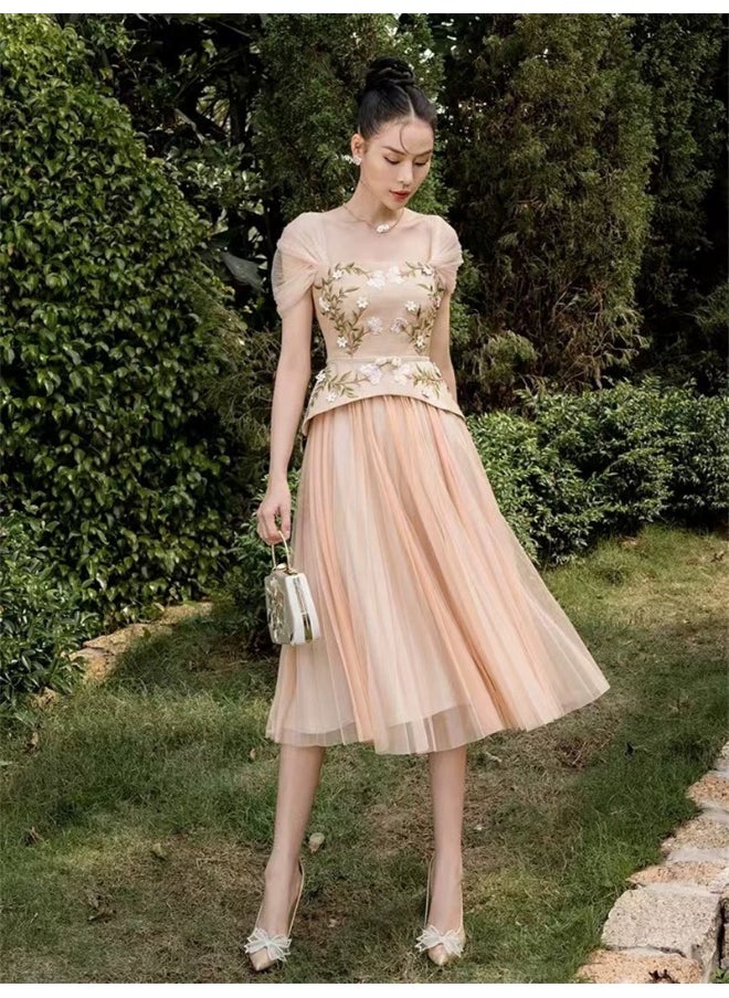 Elegant Mesh Dress with 3D Embroidery and Beaded Floral Details
